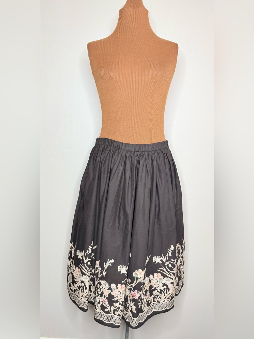 Anthony Richards Elastic Waist Midi Skirt Brown Cream Floral Border MP